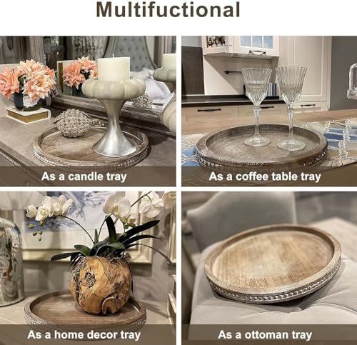 Image of Sheesham Wood Serving Trays Set with Handles, Rustic Nesting Trays Stackable Platters for Serving Cakes, Pastries, Snacks, Breakfast Size 12 INCHES (Round Tray 4)