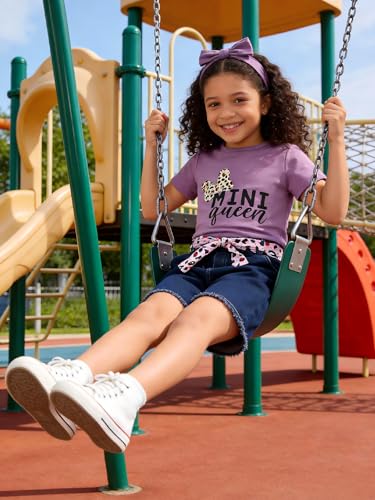 Image of Kids Toddler Girls Summer Clothes Leopard Butterfly Print T-Shirt + Belted Denim Jeans Shorts 3PCS Outfits