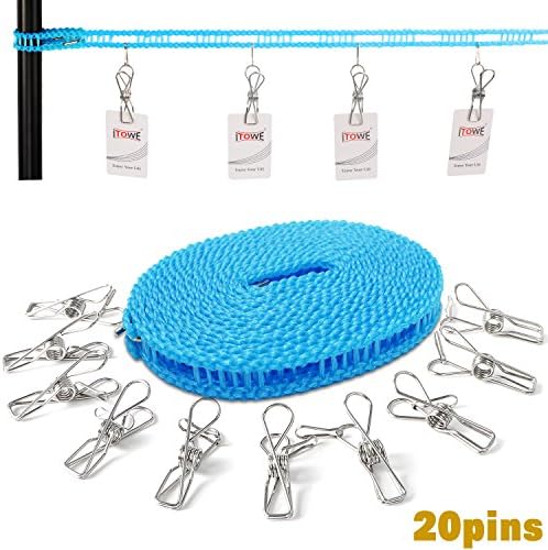 Clothesline with 20 Pins, Portable Travel Clothesline Adjustable Windproof Clothesline Stainless Wire Pin, Clothes Metal Clips for Laundry Drying Outdoor and Indoor Use, Art Display with Portable Bag