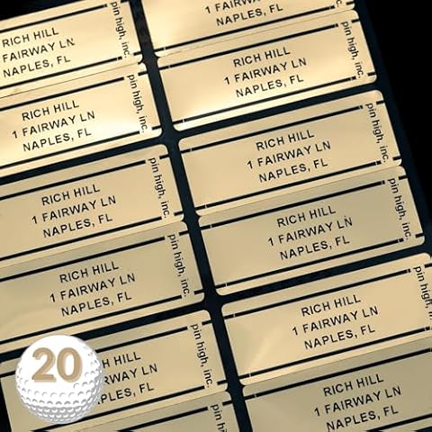 Pin High: Personalized Golf Club ID Labels | Weatherproof, Fade Resistant, Laminated Thermal Transfer Labels, Made in The USA, (Free Customization & Shipping), Set of 20, Gold Cover