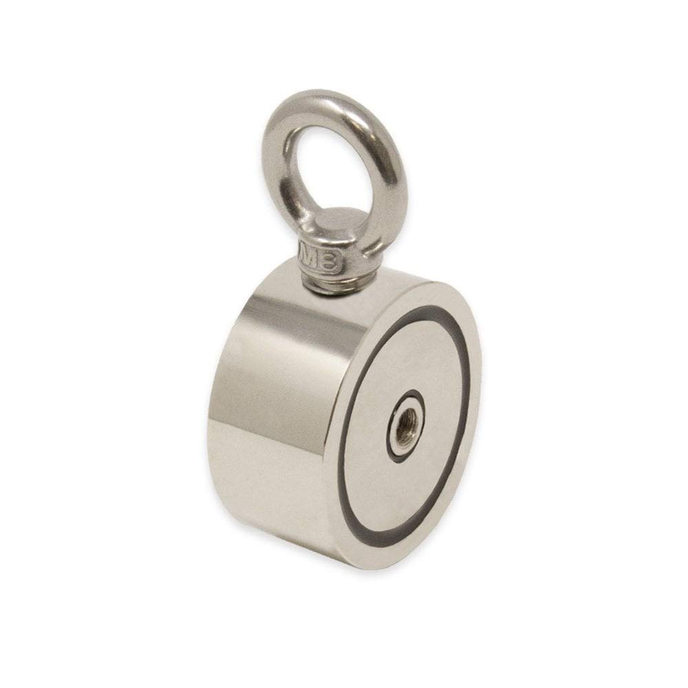 N42 Aigneur de Pot N42 Avec Des Boulons D'Œil 2X M8 et Une Corde de 10 M Pour la Pêche á L'Aimant, la Récupération et la Chasse Au Trésor - 60mm dia x 22mm - 120kg de Traction