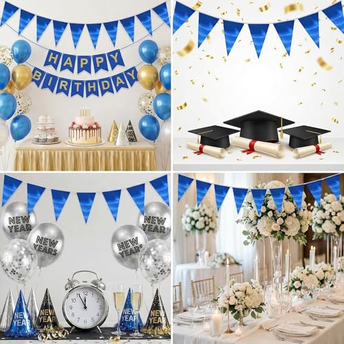 Image of 40M /130FT Blue Triangle Pennant Banner Flag Metallic Fabric Bunting Garland for Christmas Graduation Wedding Engagement Anniversary Bachelorette Birthday Bridal Shower Valentines Hen Party Supplies
