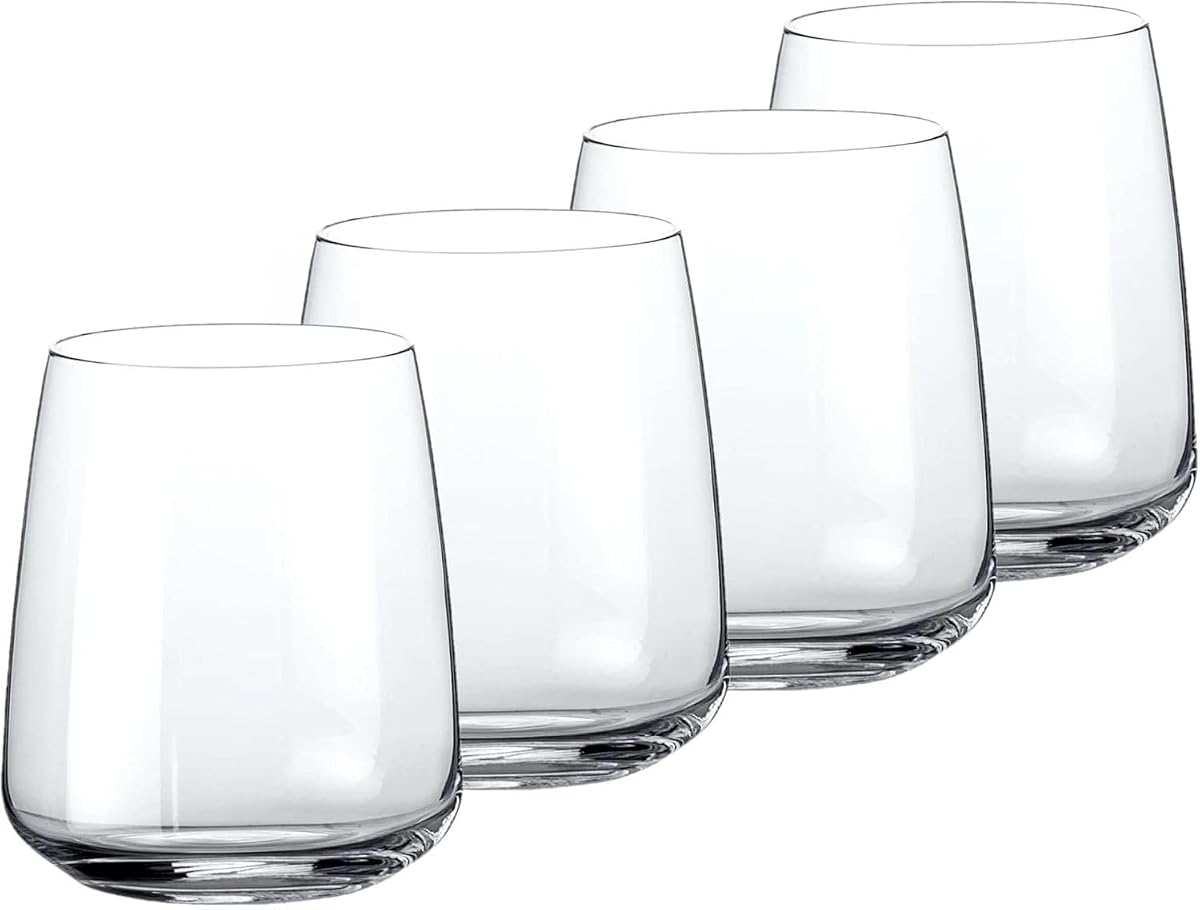 Set de 4 Planeo, copas de vino sin tallo y vaso para beber DOF, 12,25 oz, cristal transparente en estrella, apto para lavavajillas, hecho en Italia.