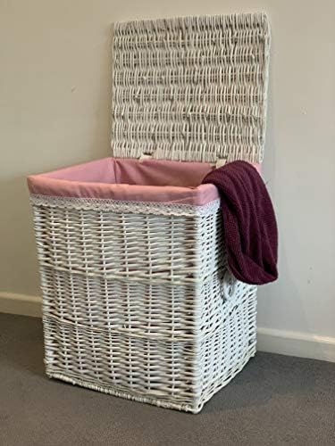 Home Delights New Large White Laundry Basket Pink Lining Bathroom Bedroom Storage Clothes Bag Basket Bin