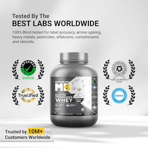 Image of MuscleBlaze Biozyme Performance Whey Protein Powder | Rocky Road Fudge (2kg / 4.4lbs) | 25g Protein Per Scoop | Clinically Tested 50% Higher Protein Absorption