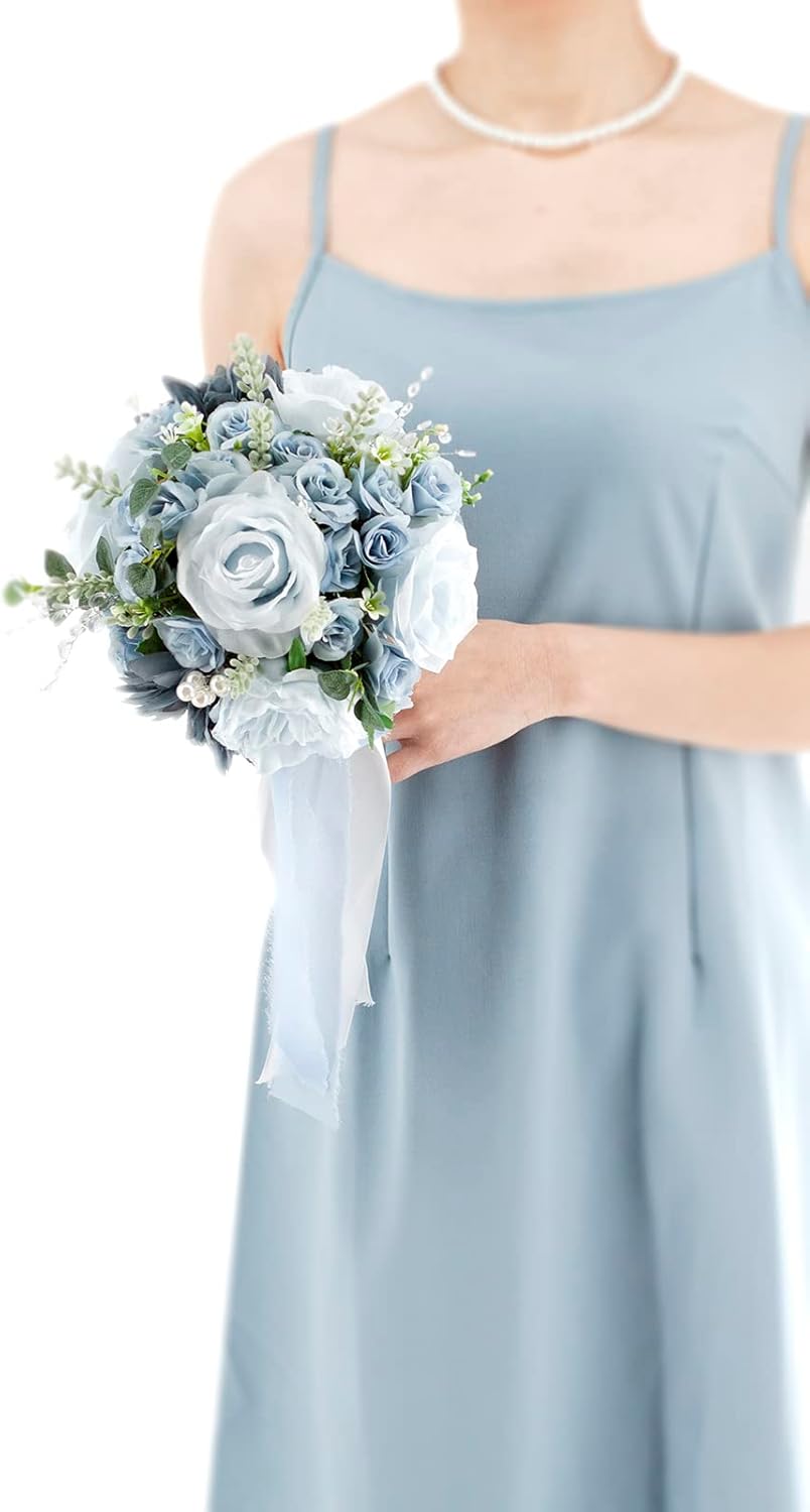 Dusty Blue Wedding Bouquets for Bride Bridesmaid Artificial Roses Flowers Bridal Bouquet for Rustic French Vintage Formal Wedding Church Home Decoration