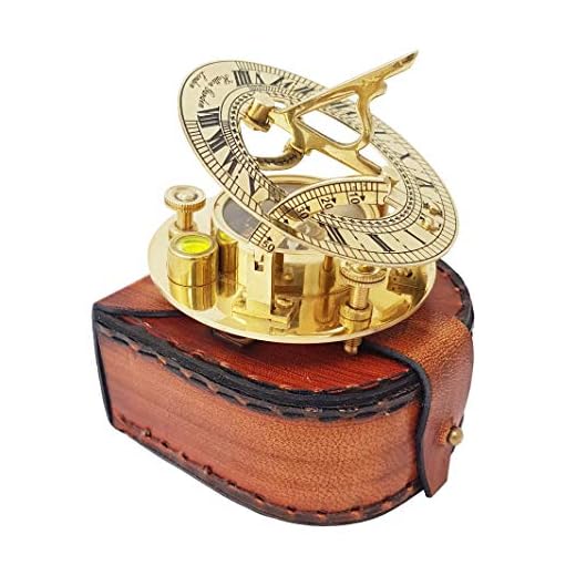 Brass Nautical Sundial Compass with Intricate Detailing Comes in an Exquisite Top Grain Leather