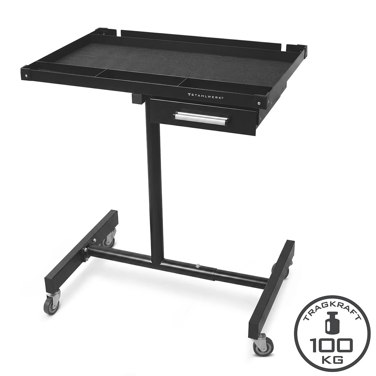 STAHLWERK Mesa de trabajo regulable en altura de 87,3 a 125 cm, capacidad de carga de 100 kg | Banco de trabajo móvil con 4 ruedas giratorias, garaje, taller, bricolaje