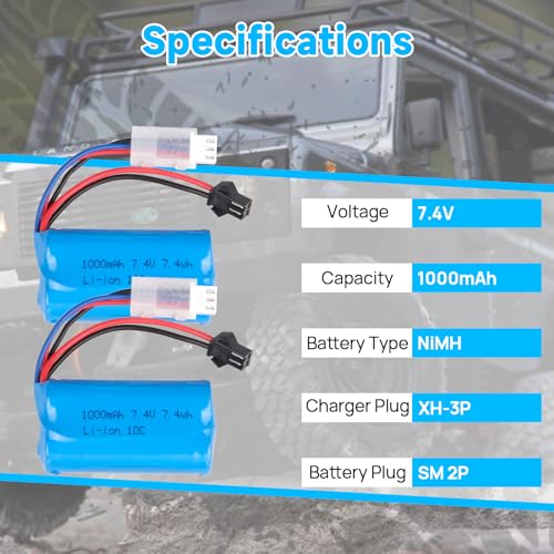 2PCS 7.4V 1000mAh 2S Li-ion Battery with SM-2P Plug & USB Charger for WPL MN D90/91, 99/99s D12 RC Car, H101 Remote Control Boat and Ansky Gel Ball Blasters