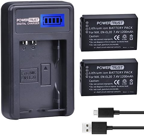 PowerTrust 2 Pack EN-EL20 EN-EL20a Camera Battery and LCD USB Charger for Nikon 1 J1 J2 J3 S1 AW1 Camera Batteries