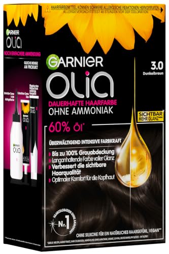 Foto von Garnier Olia Dauerhafte Haarfarbe 3.0 Dunkelbraun, ohne Ammoniak, permanente Coloration, bis zu 100% Grauabdeckung, langanhaltende strahlende Farbe bis zu 8 Wochen, intensiver Glanz, 3 x 1 Stück