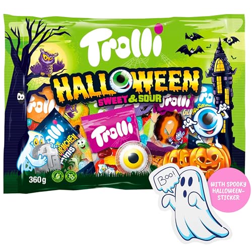 Trolli Halloween Sweet & Sour 360g Großpackung Süßigkeiten Mix mit Glotzer Sauren Würmchen Dracula und vielen weiteren gruseligen Leckereien inklusive Geistersticker für extra Halloween-Spaß!