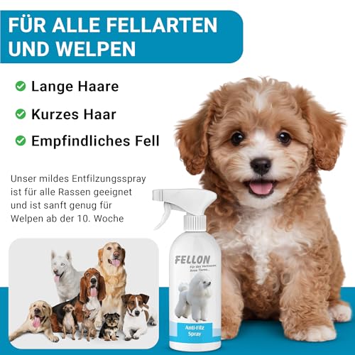 Fellon Anti-Filz für Hunde | Entfilzungsspray 500 ml | pH-neutral | Fellpflege für seidigen Glanz & leichte Kämmbarkeit | für alle Felltypen, Welpen & Allergiker | Dermatologisch getestet
