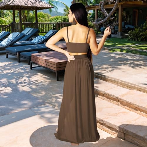 Beach Vacation Clothes for Women Sexy 2 Piece Outfits Dress Chiffon Strap Deep V Neck Bra Crop Top High Split Maxi Dresses Skirt Set Swimwear Cover Ups Brown M - Thumbnail 2