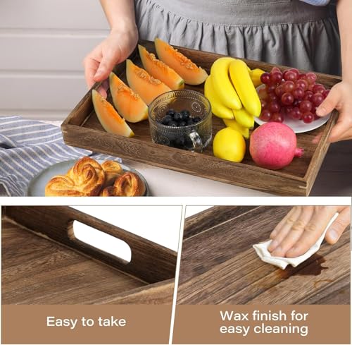 Image of Wooden Serving Trays, 7 Piece Set, Rustic Nesting Food Trays with Handles, Decorative Rectangular Platter for Ottoman, Desktop, Coffee Table, Countertop Centerpiece