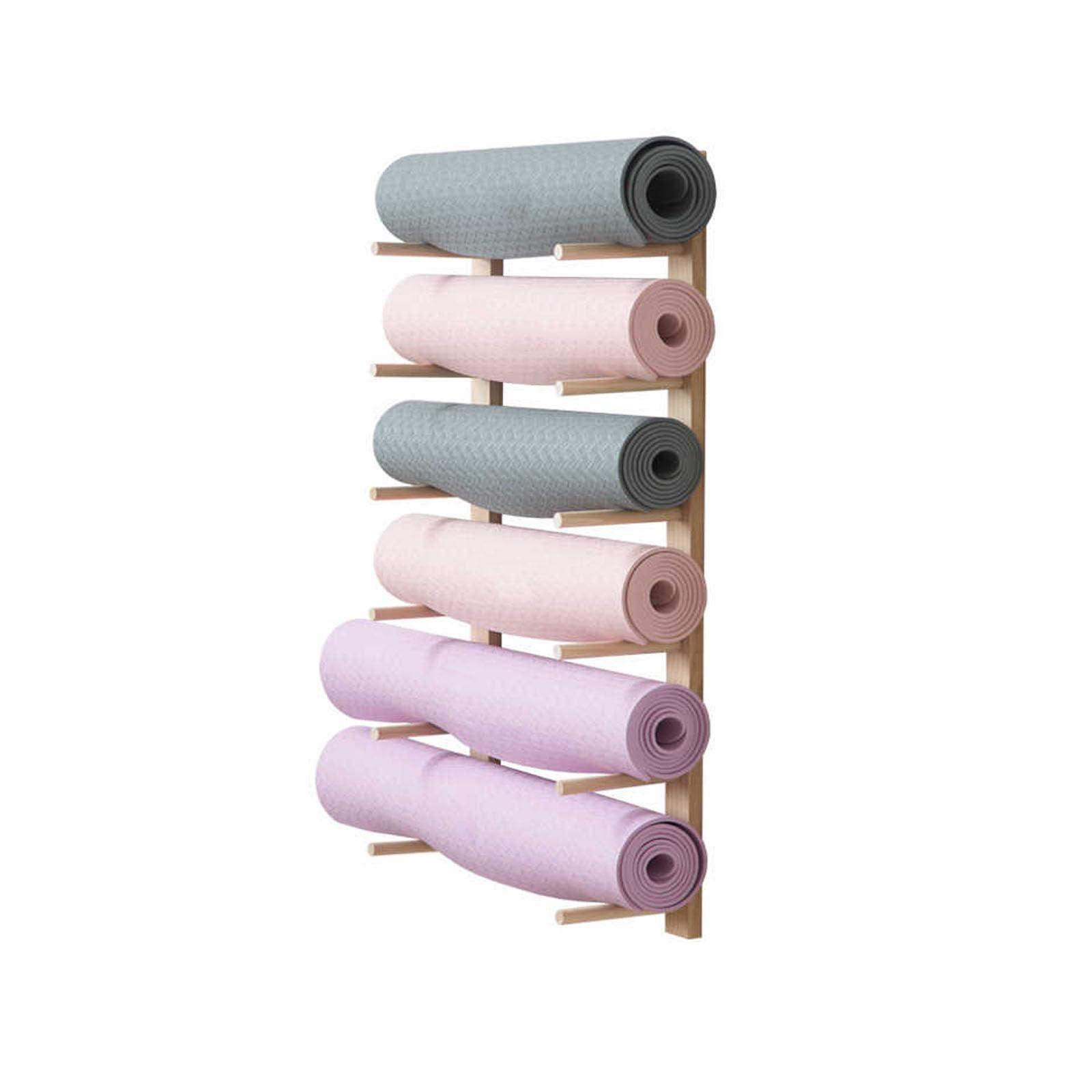 Soporte de pared para esterilla de yoga, organizador de madera para tapetes de ejercicio, estante de exhibición que ahorra espacio para soluciones de almacenamiento de gimnasio en casa