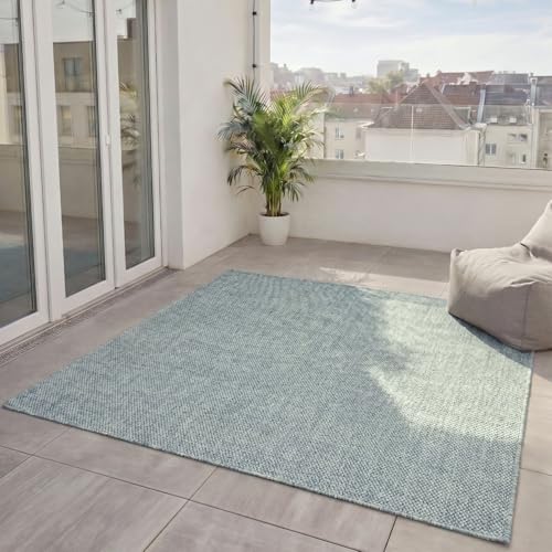 benuta Basic Alfombra Exterior Iowa - Azul 195x195 cm - Estilo Yute Boho - Resistente al Clima y UV para balcón, terraza, jardín, Cocina y Sala - Duradera y Robusta - Apta para Interiores