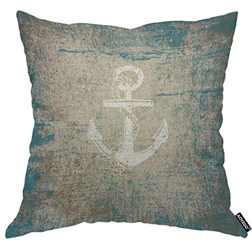 Aoyego Vintage Anchor Throw Pillow Cover Rope Stain Blue Background Marine Ocean Boat Ship Equipment Pillow Case 18X18 Inch Decorative Men Women Boy Girl Room Cushion Cover For Home Couch Bed #TOP19