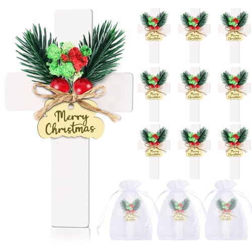 12 Sets Baptism Party Favors for Guests First Communion Favors,Wooden Cross Baptism Magnet with Flowers for Bless Baby Shower Party, Christen Gift,Gender Reveal, (Christmas, 12)