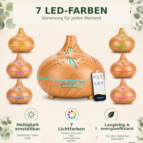 Aroma Diffuser 550ml Ultraschall Luftbefeuchter Holzoptik mit Fernbedienung, 7 LED Farben mit Dimmen & Helligkeit,Timer 1/3/6H, Aromatherapie Diffuser für Schlafzimmer, Wohnzimmer, Yoga & Büro – Bild 2