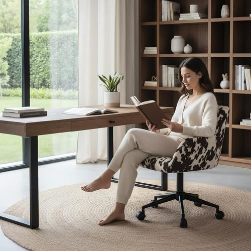 Image of Modern Swivel Home Office Desk Chair with Wheels, Cow Print Velvet Height Adjustable Comfortable Ergonomic Upholstered Vanity Make up Chair, Cute Cowhide Computer Armchair for Living Room Home