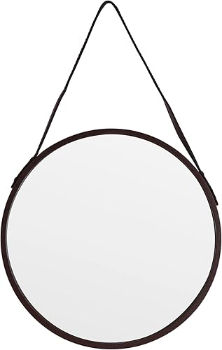Espejo colgante redondo marrón, espejo de granja de 11.8 pulgadas con cuerda para colgar de cuero para baño, dormitorio, sala de estar, entrada y