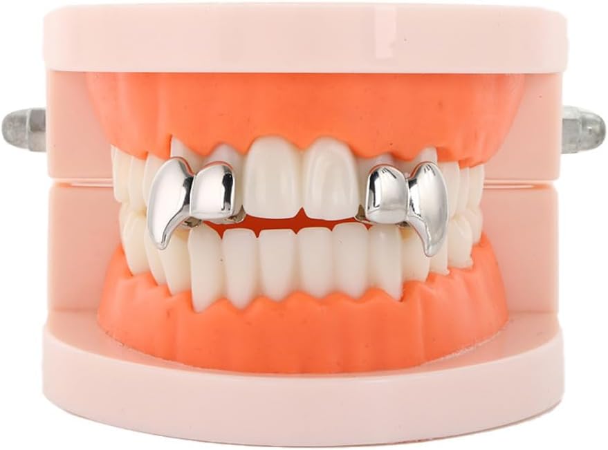 6Pcs 14K Gold Plated Hip Hop Grillz Set Single Fake Tooth Cap Diamond Teeth Grills for Your Teeth Grillz for Men Women Rapper Halloween Costume