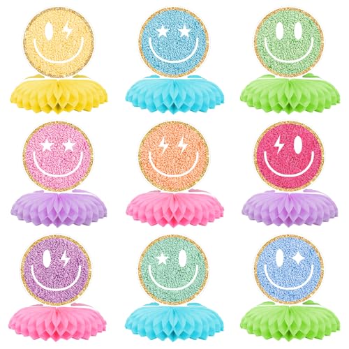 FYSUIMU 9Pcs Smile Face Honeycomb Centerpieces Embroidered Style Preppy Smile Pattern Tabletop Signs Tiered Tray Decor for Birthday Bachelorette Party Home Kitchen