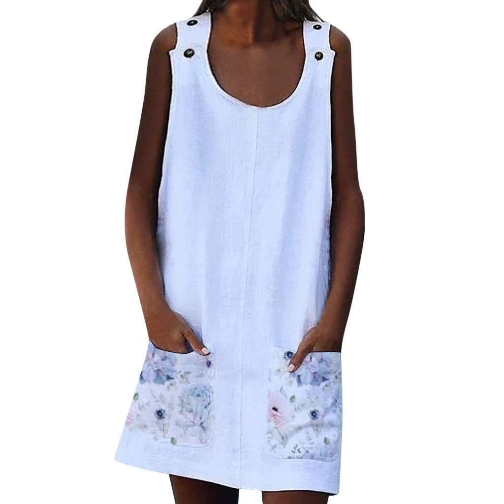 Women O-neck Sleeveless Mini Dress ❀ Ladies Summert Crew Neck Solid Casual Pockets Plus Size Short Dresses Home Dress