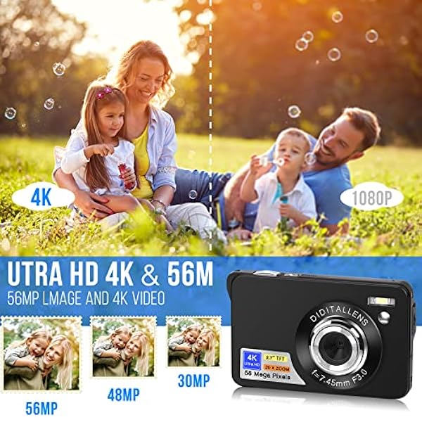 56MP 4K HD Macchina Fotografica Digitale Fotocamera Compatte Ricaricabile Zoom Digitale 20X Schermo da 2,7 Pollici Macchina Digitale Compatta con Scheda da 32GB per Bambini, Studenti,Principianti