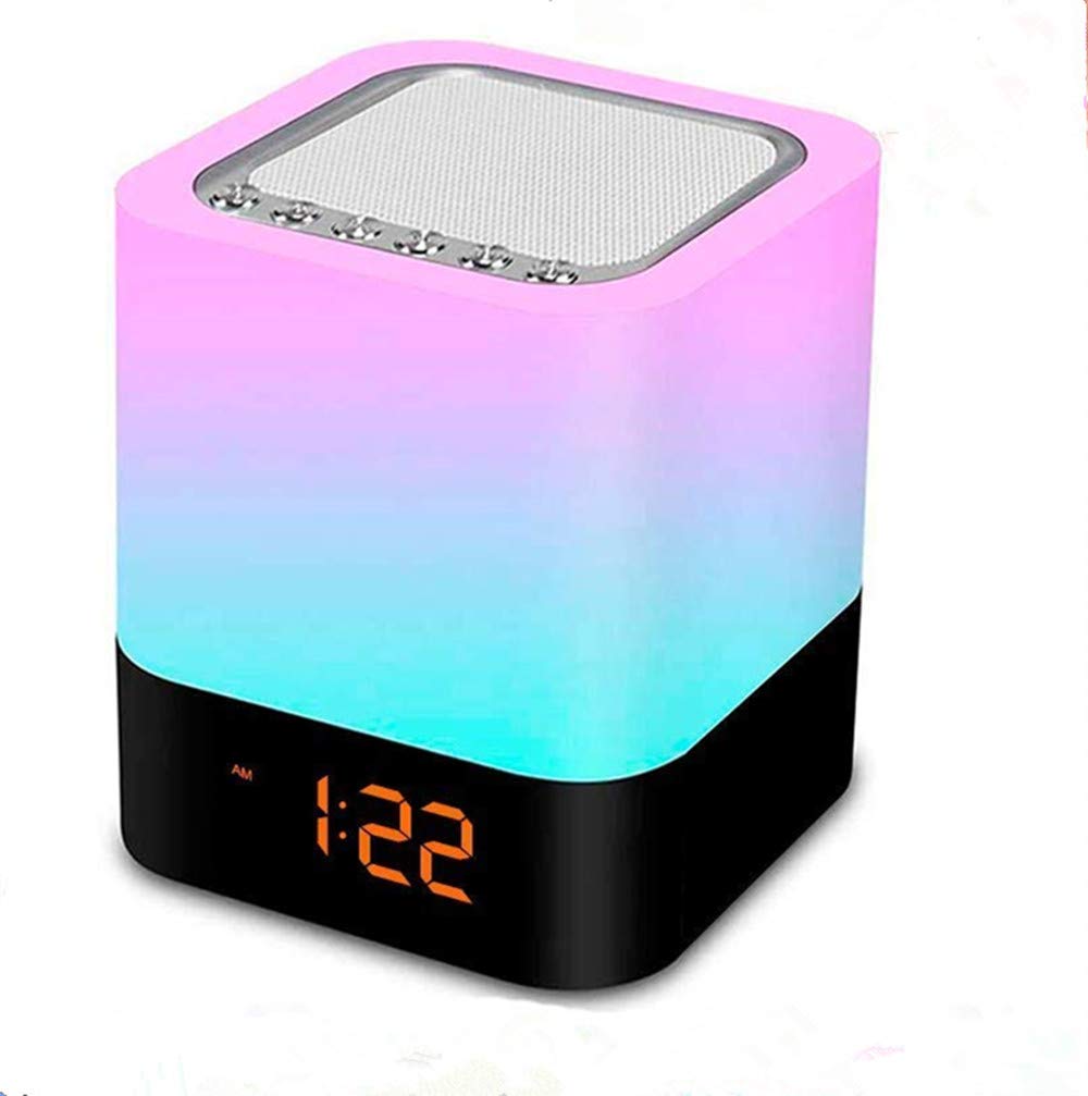 Lámpara de noche con altavoz Bluetooth,Touch Bedside Lamp Altavoz Bluetooth con reproductor de música, reloj despertador inteligente recordatorio de voz para dormitorio, salón, camping