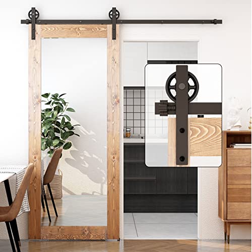 Schiebetürbeschlag 153cm Schiebetüren Schiebetürsystem Komplettset Laufschiene Rollen Set Schwarz für 1 Holztür 76cm Breit, Mittlere Rolle in I-Form