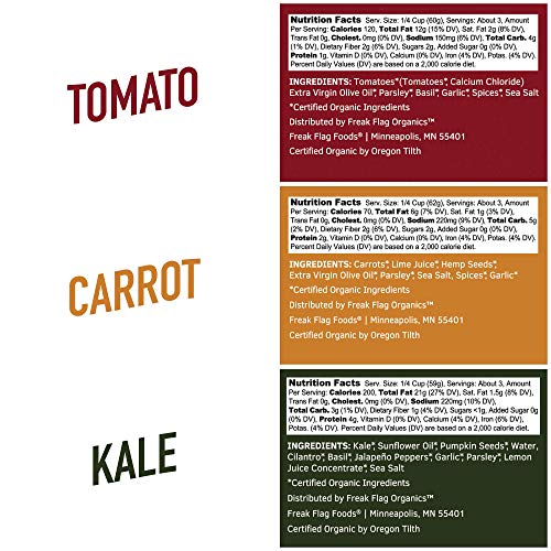 Freak Flag Organics | Pesto Variety Pack | Tomato Bruschetta Pesto, Kale Pesto & Carrot Pesto | Usda Certified Organic | Vegan | Nut-Free | Non-Gmo | Gluten Free | 6.5–6.75 Oz. Each #TOP4