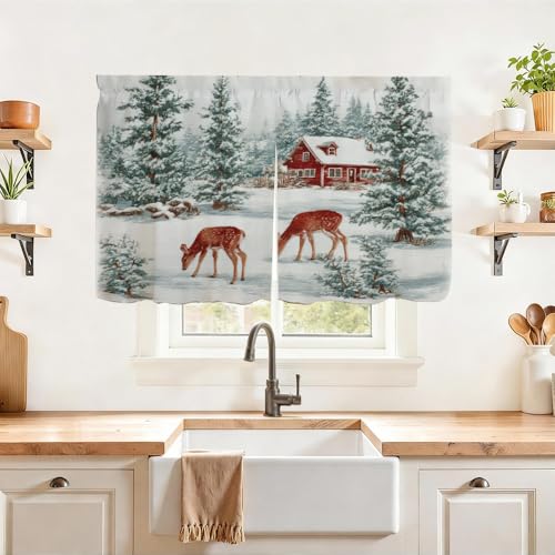 Image of Self Adhesive Forest Deer & Red Cabin Cabinet Curtain for Mother's Day, 39x28 Inch Nature Scenery Under Sink Skirt No Drill, Spring Cleaning Kitchen Decor, Hook and Loop Laundry Valance