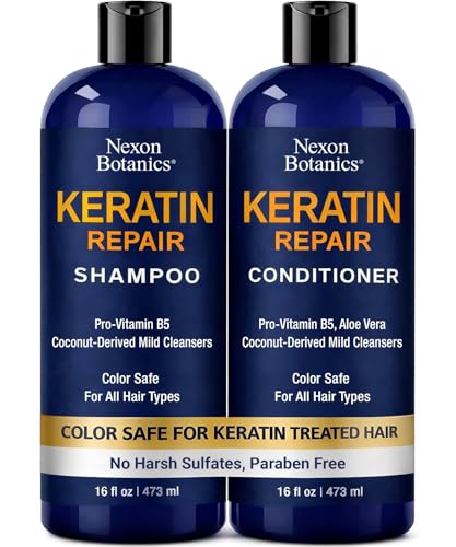 Keratin Shampoo and Conditioner Set 16 fl oz Each - Strengthening & Smoothing Care for Dry Damaged Frizzy or Keratin-Treated Hair - Color Protecting - Champu Cabello con Keratina - Nexon Botanics