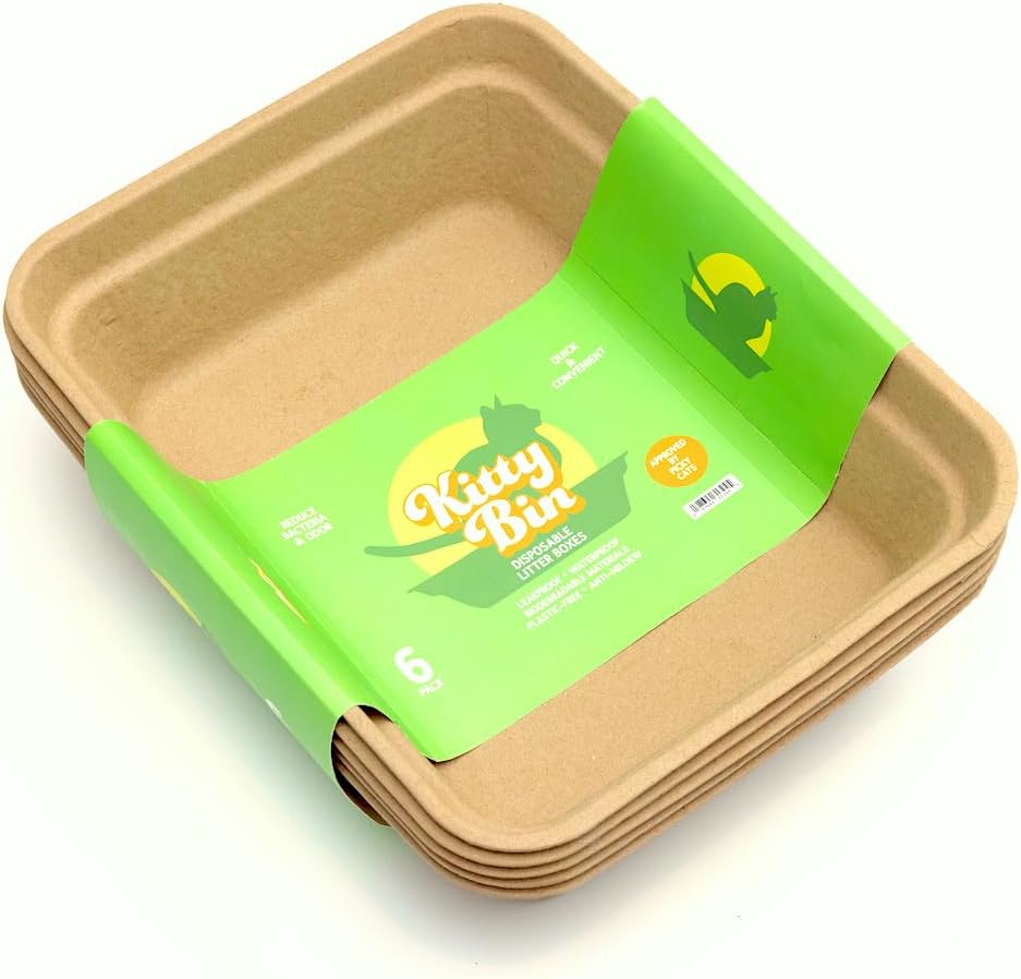 Kitty Bin Disposable Litter Boxes for Cats | Large Biodegradable Litter Box 17.5 x 4 x 10.5 Inches | Rabbit, Hampster,Guinea Pig Litter Box - 6 Count