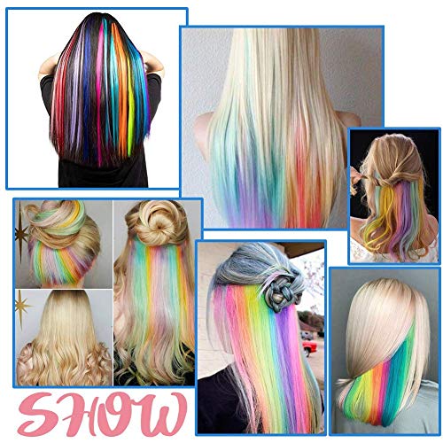 Foto von Farbige Haarverlängerung Clips 12 Farben Bunte Haarsträhnen Glatte Regenbogen Gerade(DIY) Weihnachten Für Mädchen Kinder Synthetisch Haarteil 24 Stück
