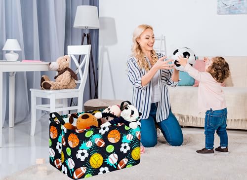 Image of Kid Clothes Storage Basket Gift Shelf Basket Toy Storage Bin, Nursery Basket Organizer Box for With Handles for Room Deco Football Basketball Pattern