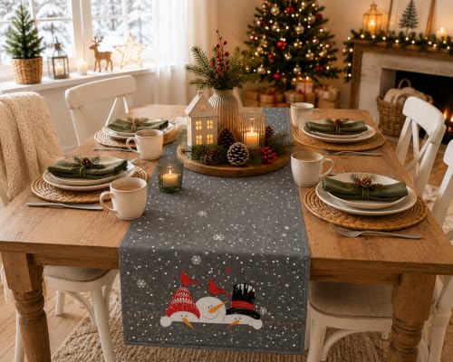 KAMACA Tischläufer 40x140 cm Schneemänner Stickerei Weihnachten Winter Deko – Ansicht 6