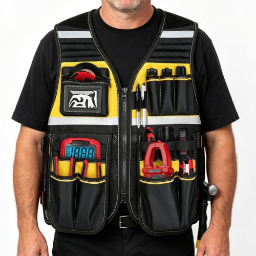 LIBKUR Electrician Tool Vest, Tool Vest for Men, Reflective Safety Work Vest with Adjustable Thick Straps, Breathable and Oxford Fabric, for Electrician, Carpenter, Construction