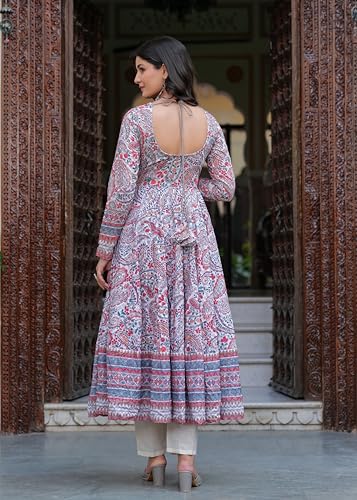 Image of Cotton Anarkali Shiffly Work with Floral Printed Anarkali Kurta Pant with Dupatta