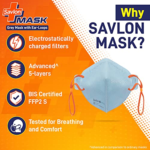 Image of Savlon Mask, Adjustable Earloop Grey, BIS Certified FFP2 S Mask, comparable to N95, Pack of 4