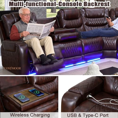Image of Power Recliner Sectional Sofa with LED Light for Living Room, Dark Brown Leather Reclining Sofa Corner Sectional Couches Set, Cup Holder, Storage Console for Home Theater Seating
