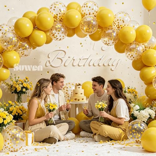 Image of SUWEN 47PCS Mustard Yellow Latex Balloons and Confetti Balloons Set | Helium Balloon for Birthday Anniversary Thanksgiving Party Decorations