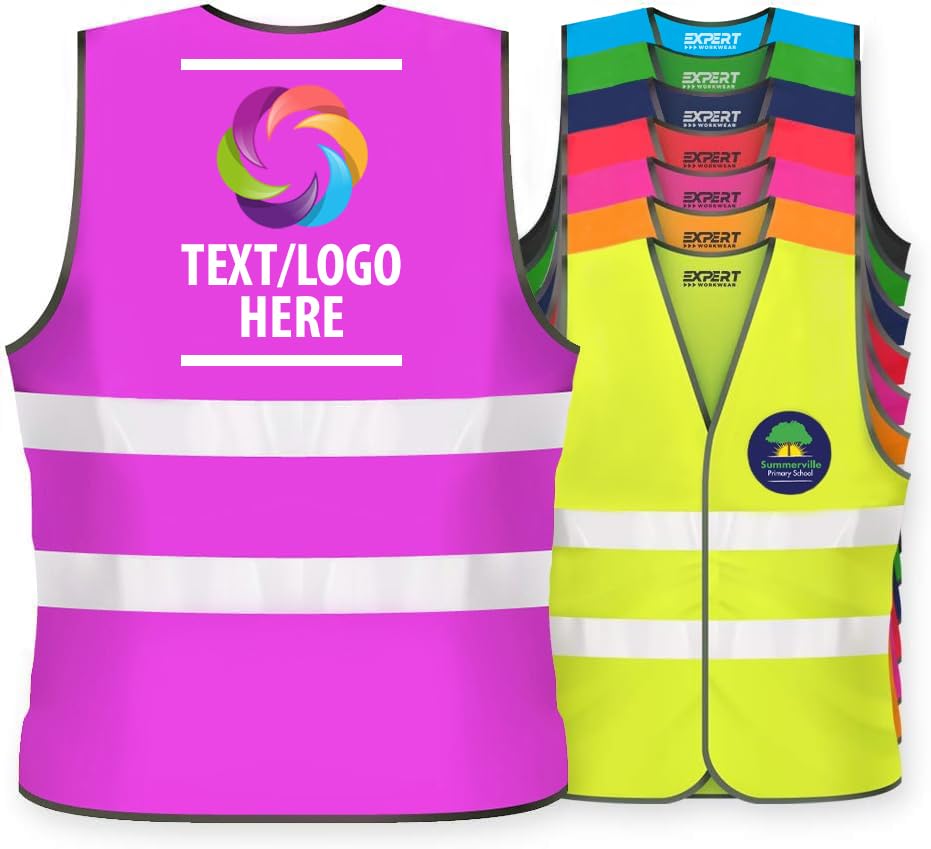 Expert Workwear Unisex Personalised Kids High Visibility Safety Vest Children Hi Vis Printed Waistcoat Reflective Jacket Lightweight EN1150 (Pink, 4-6 Years)