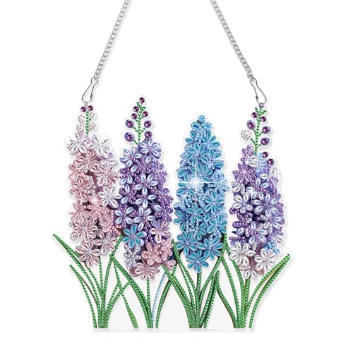 Image of Large Lavender Diamond Painting Suncatcher Hanging Kits for Adults | Flower DIY Hanging Diamond Art for Adults, Window & Wall Decor, 5D Crystal Diamond Art Pendant