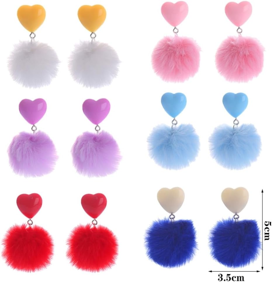 Heart Pom Pom Earrings Colorful Faux Fur Fluffy Pom Earrings Heart Pom Pom Ball Dangle Drop Earrings Love Heart Pom Pom Stud Earrings Valentine's Day Jewerly - Image 2