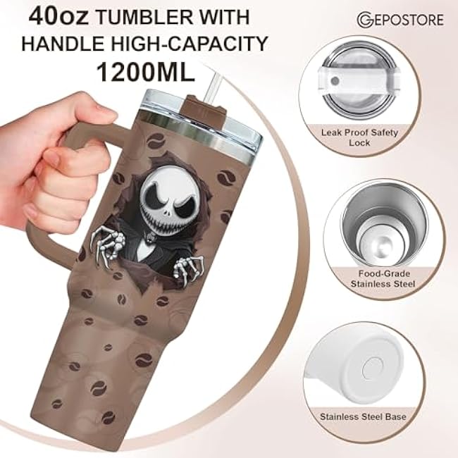 40oz Printed Tumbler with Handle and Straw ¨C Nightmare Before Coffee ¨C Stainless Steel Insulated Travel Mug for Gothic Coffee Lovers