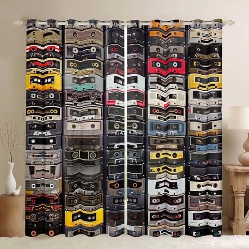 3D Audio Cassette Curtains, 38"x54", Blackout, Retro Music