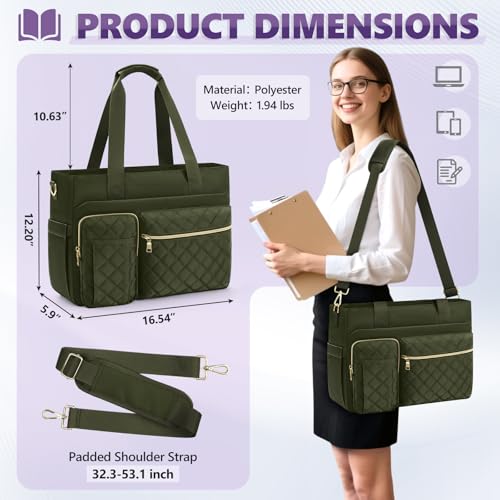 Image of SDYSM Teacher Tote Bag 15.6 inch Laptop Bag Work Bags for Women Nurse Tote Professional Computer Messenger Shoulder Bags Laptop Briefcase for Office, College, Nursing, Olive Green